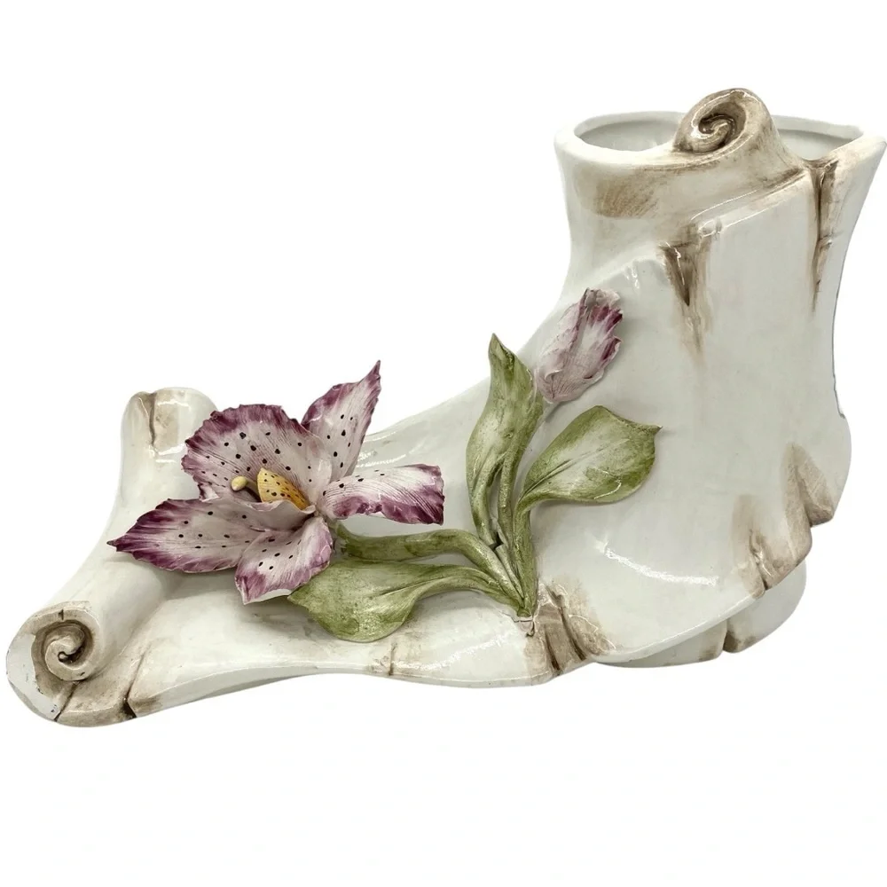Antique Porcelain Capodimonte Floral Orchid Italian Scroll Vase
